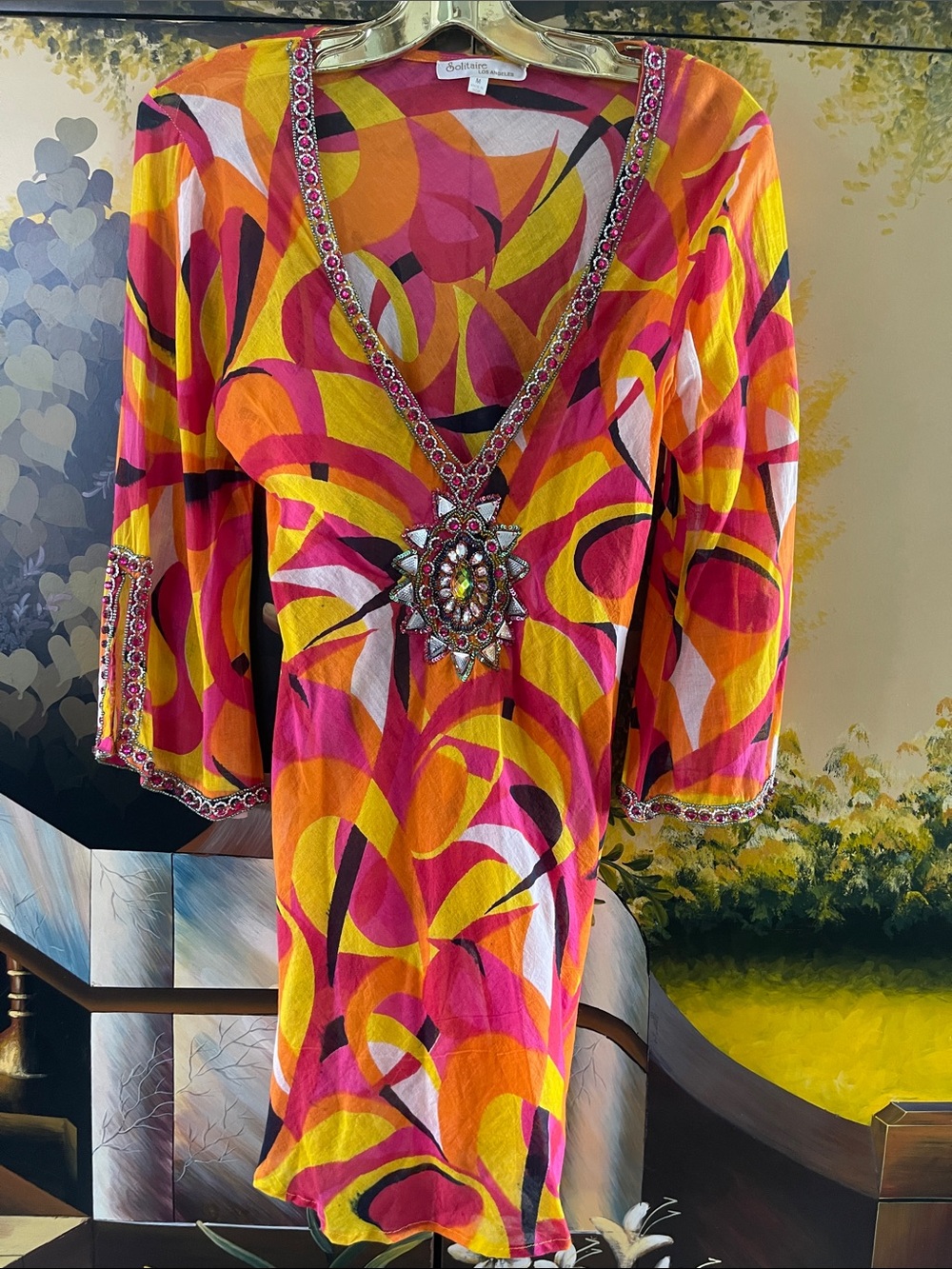 Colorful Abstract Print Women's Swim Coverup with Embellished V-Neck